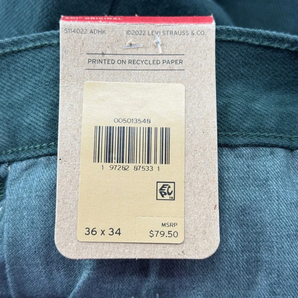 Levi's Jeans Mens 36x34 Hunter Green 501 Original Straight Leg Button Fly Cotton
